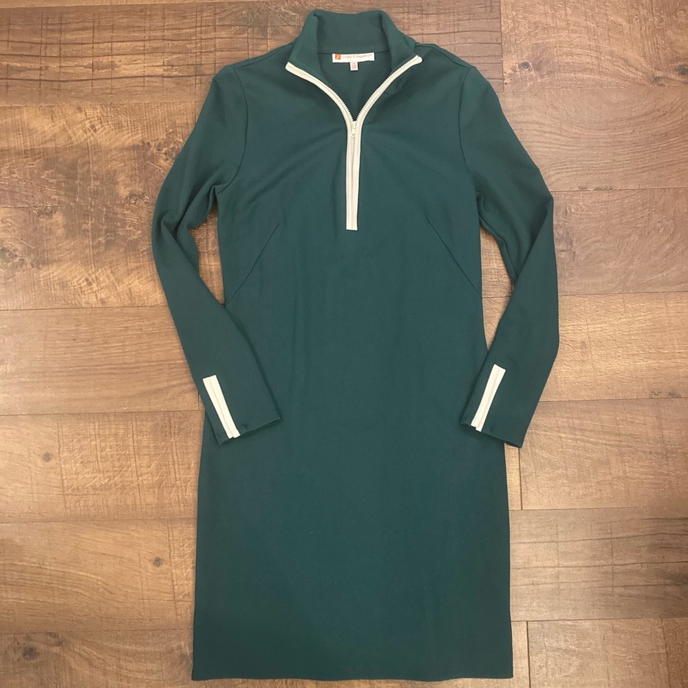 Jude Connally Forest Green Long Sleeve Zip-Front Dress with White Trim